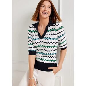 Talbots Johnny Collar Knit Polo Sweater Short Sleeve Zigzag Stripe Women's XL